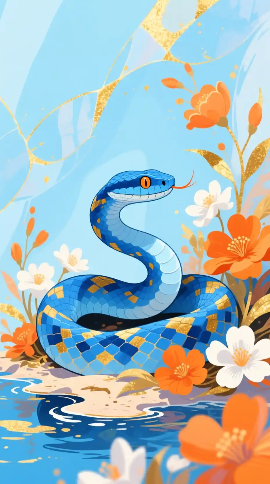 Blue island pit viper with orange and white florals