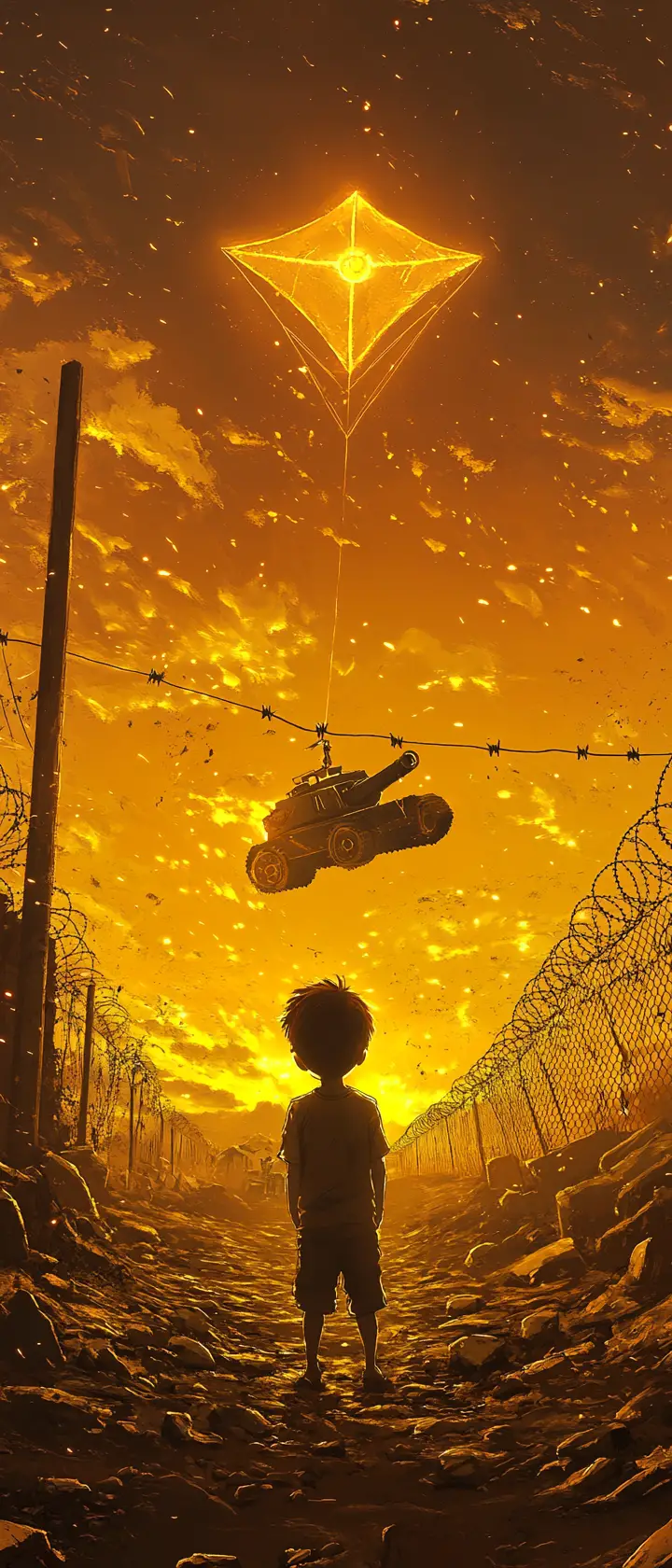 Anime boy flying glowing kite in golden desert dawn