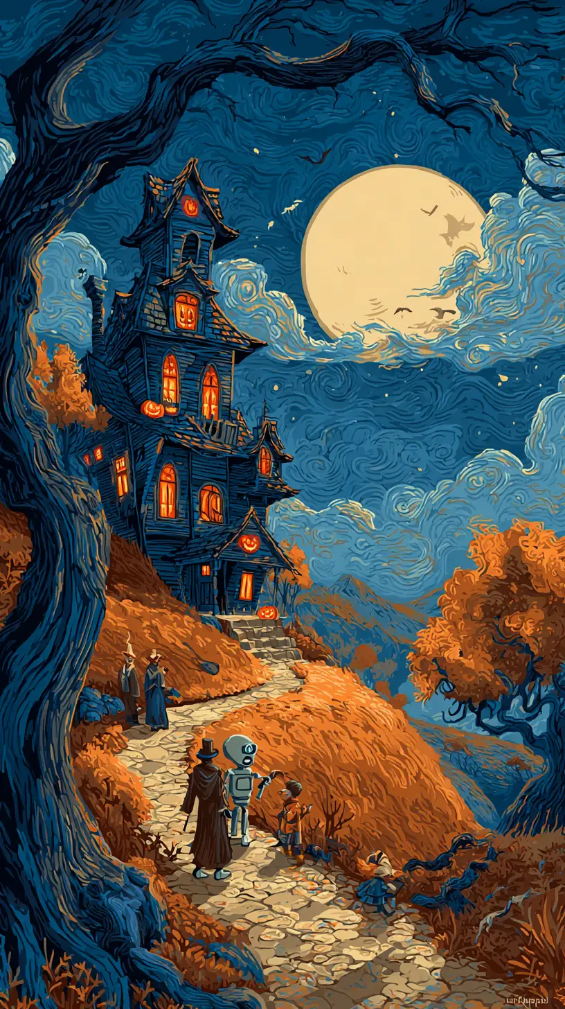 Spooky Halloween House On A Hill Under Full Moon