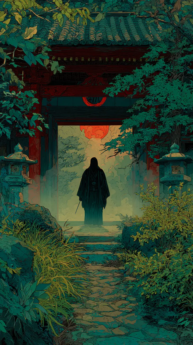 Mysterious Figure In Misty Japanese Garden Ukiyo E Style