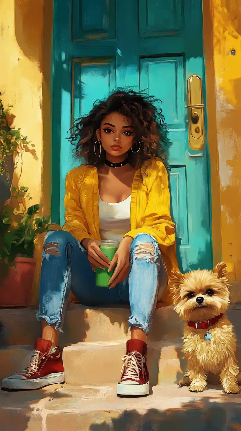 Jeune femme avec son chien se reposant sur des marches urbaines ensoleillées