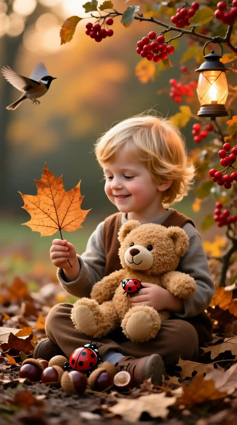 Little girl with teddy bear in golden autumn leaves