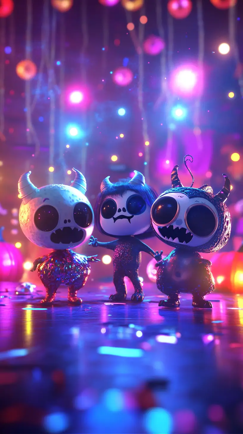 Cute halloween monsters dancing at a spooky disco party