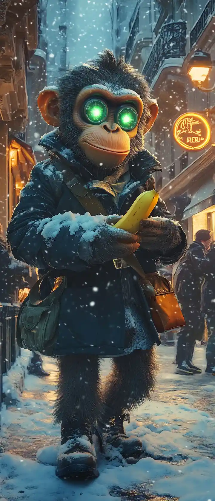 Anime monkey businessman on snowy paris street at twilight