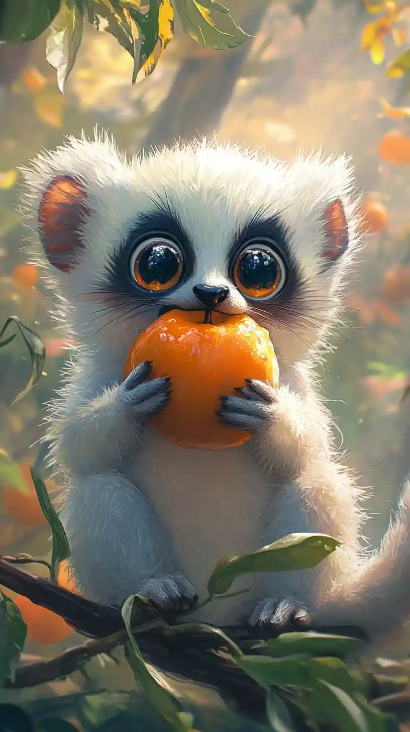 Cute fluffy lemur enjoying a ripe persimmon in anime style