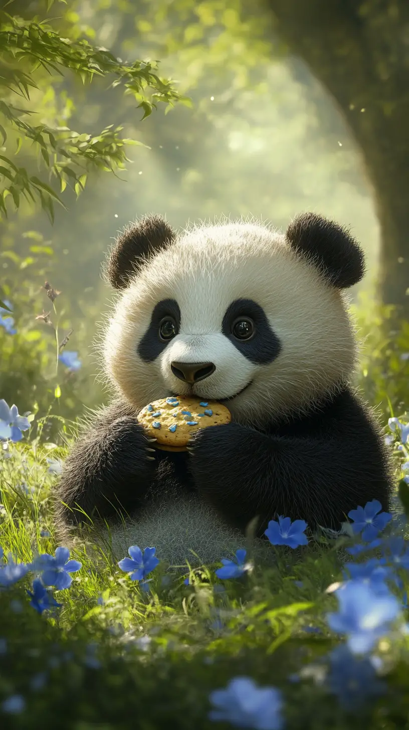 Cute panda eating a cookie in a blue flower forest