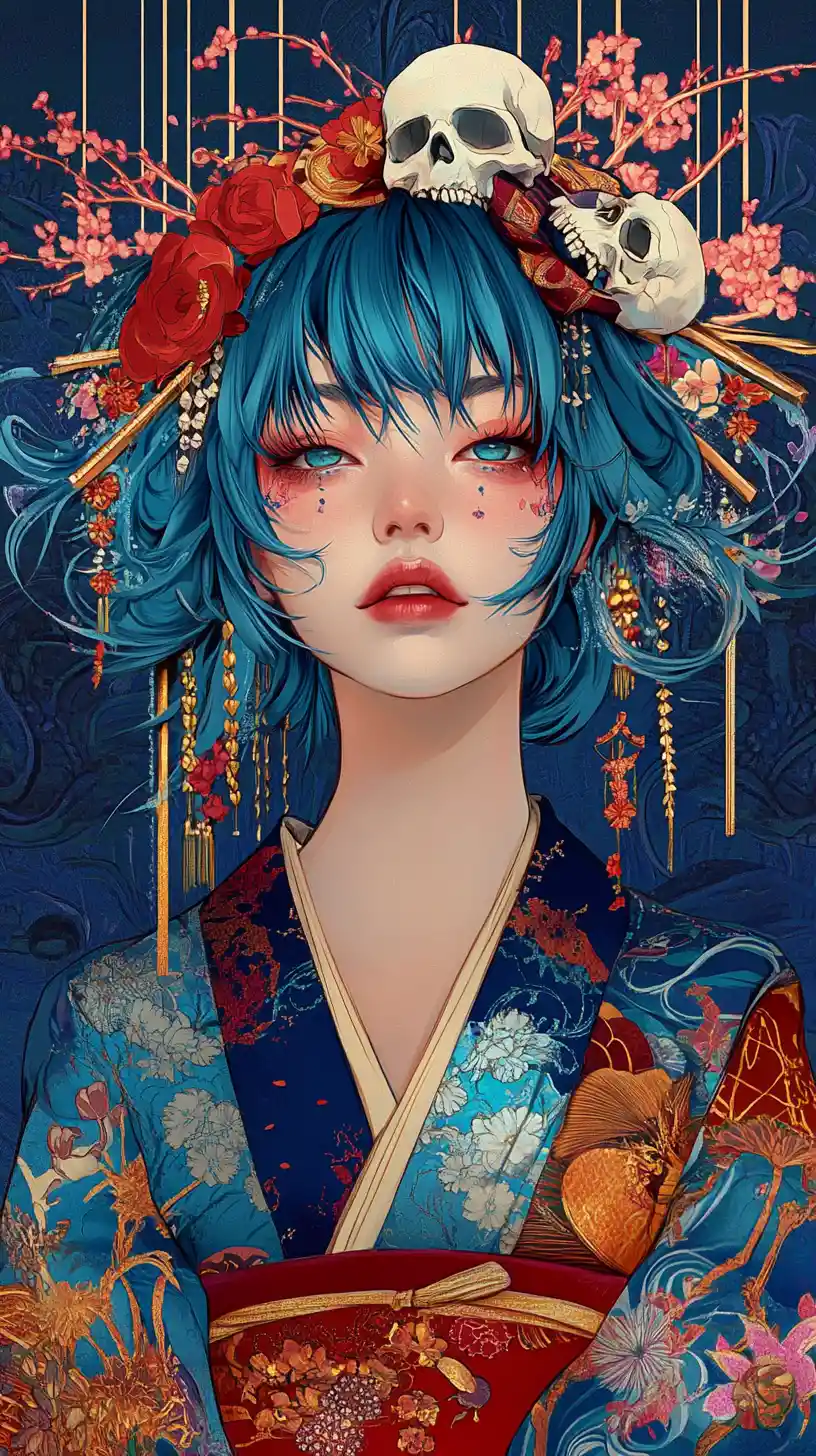 Blue haired girl in skull and cherry blossom kimono