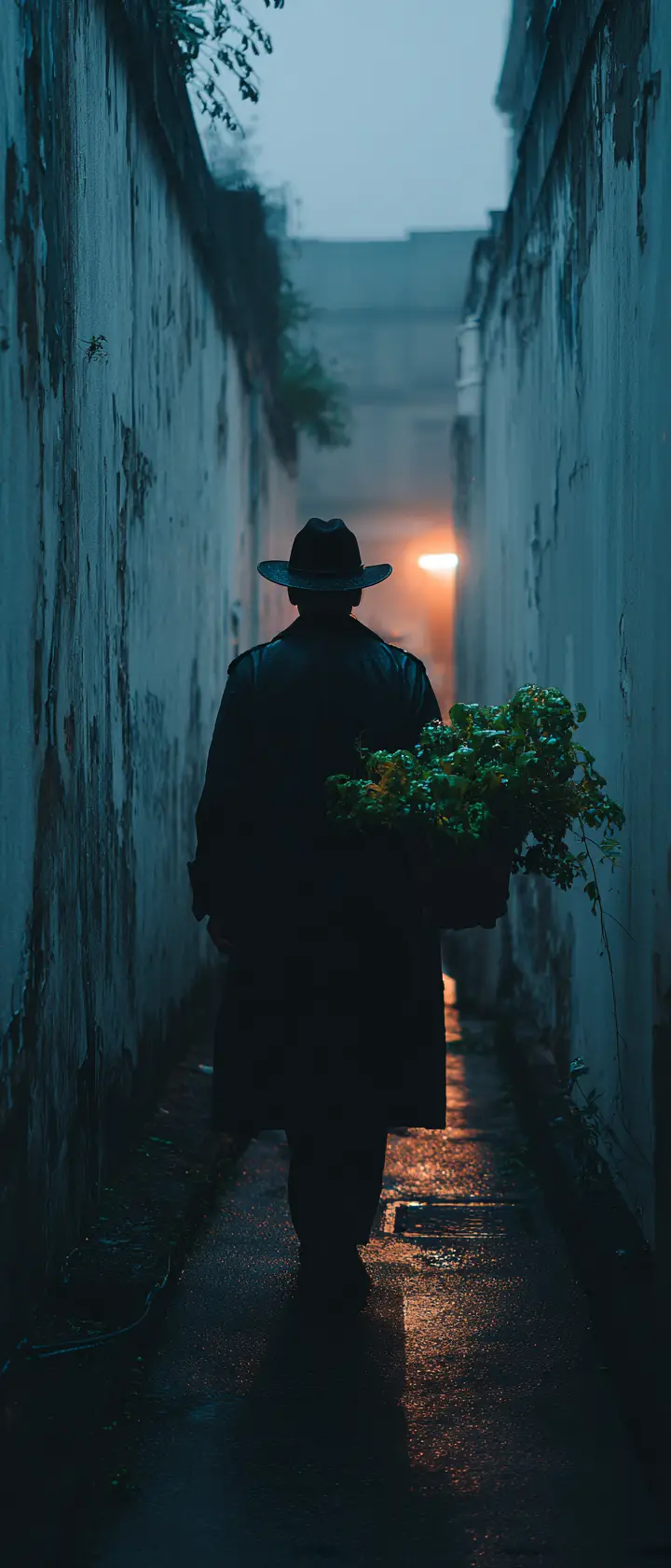 Man Carrying Potted Plant In Moody Urban Alleyway