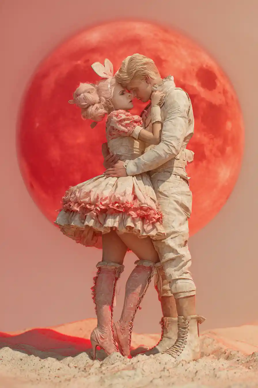Romantic couple embrace under red moon on beach