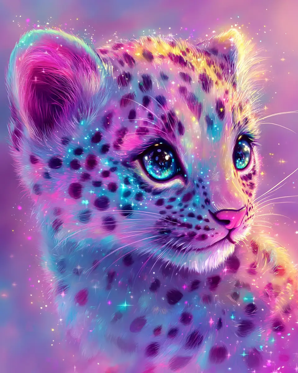 Cute pastel animals with neon sparkles and crystals