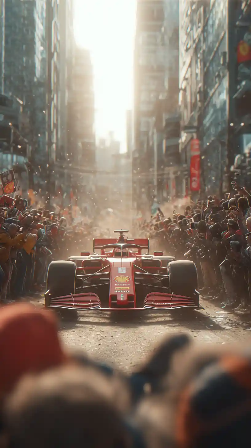Ferrari F1 race car admired by fans on city street