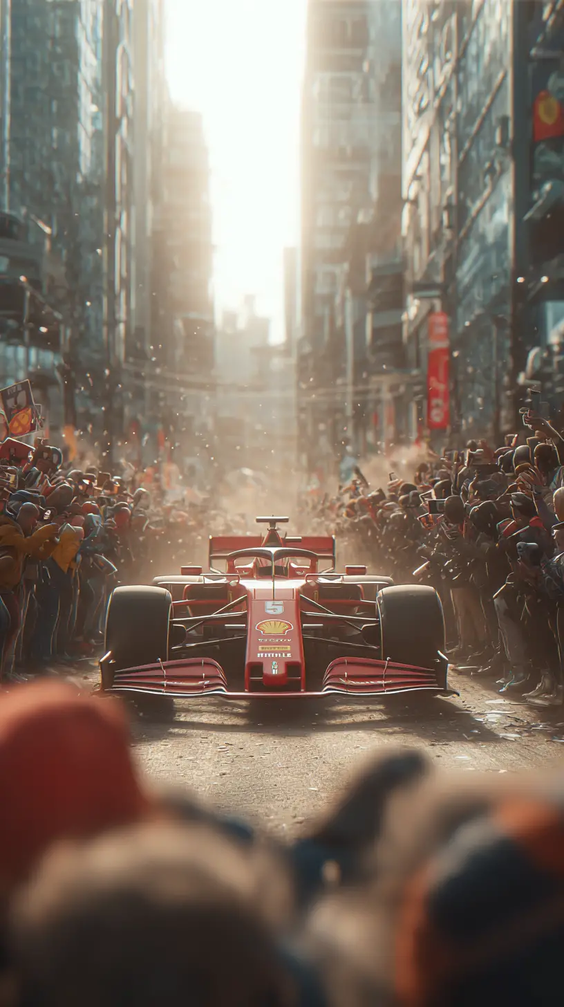 Ferrari F1 race car admired by fans on city street