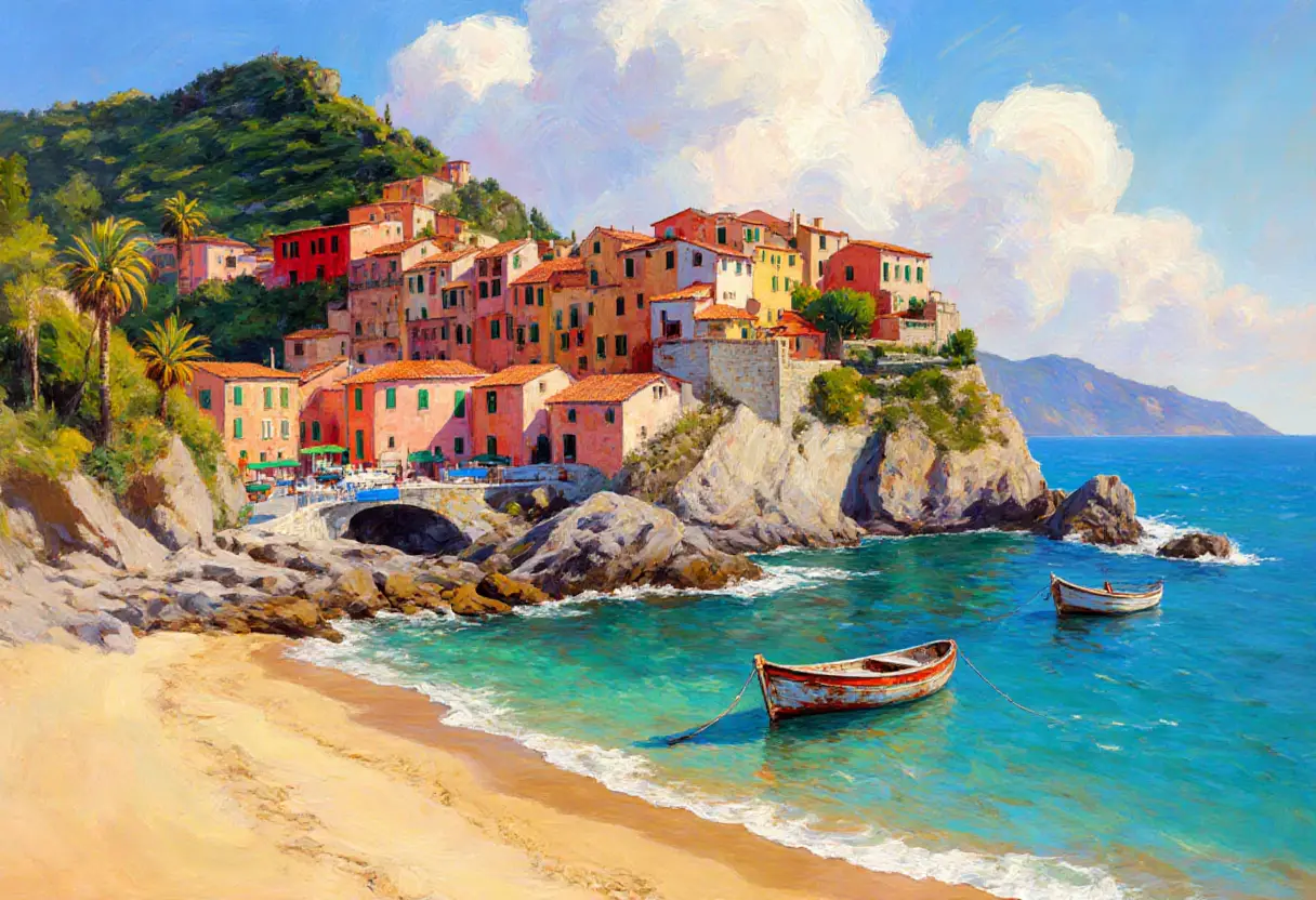 Mediterranean coastal village on rocky cliffs above turquoise sea
