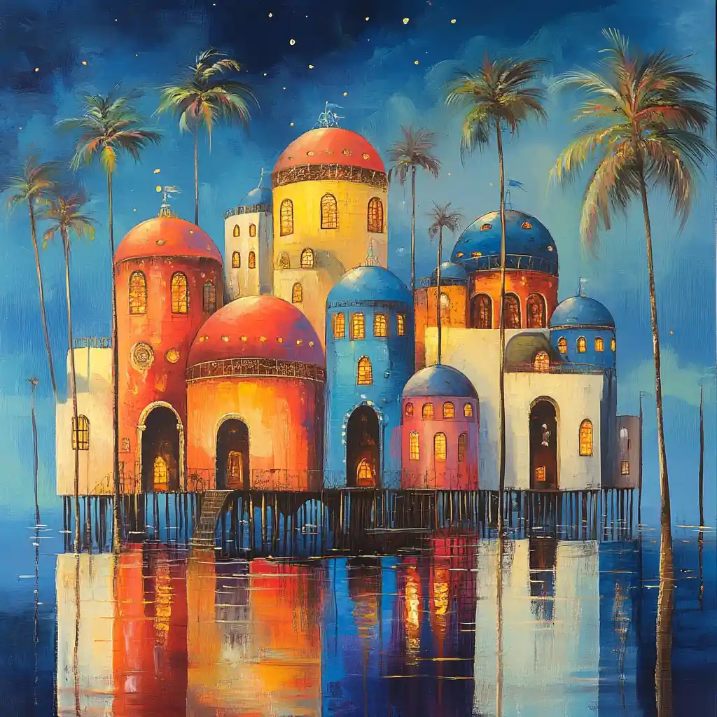 Whimsical fantasy buildings on water at tranquil dusk