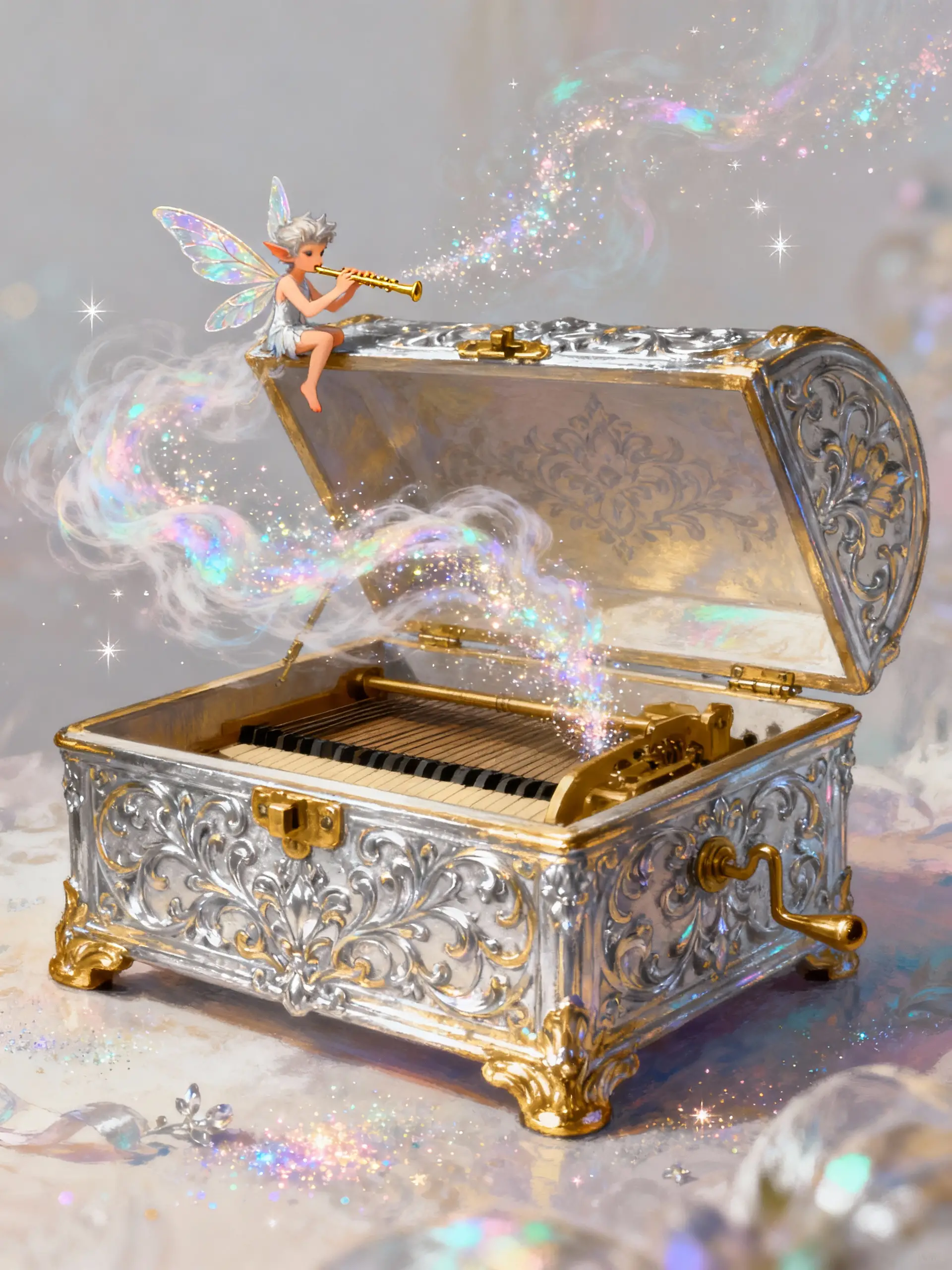 Ornate music box opening into swirling fairy dust scene