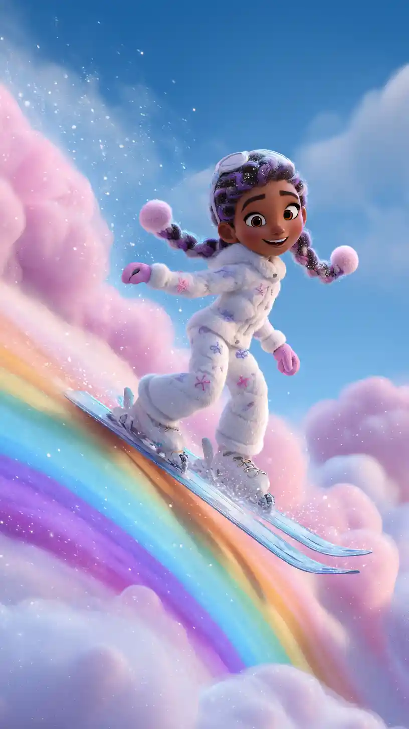 Joyful girl skiing down a magical rainbow