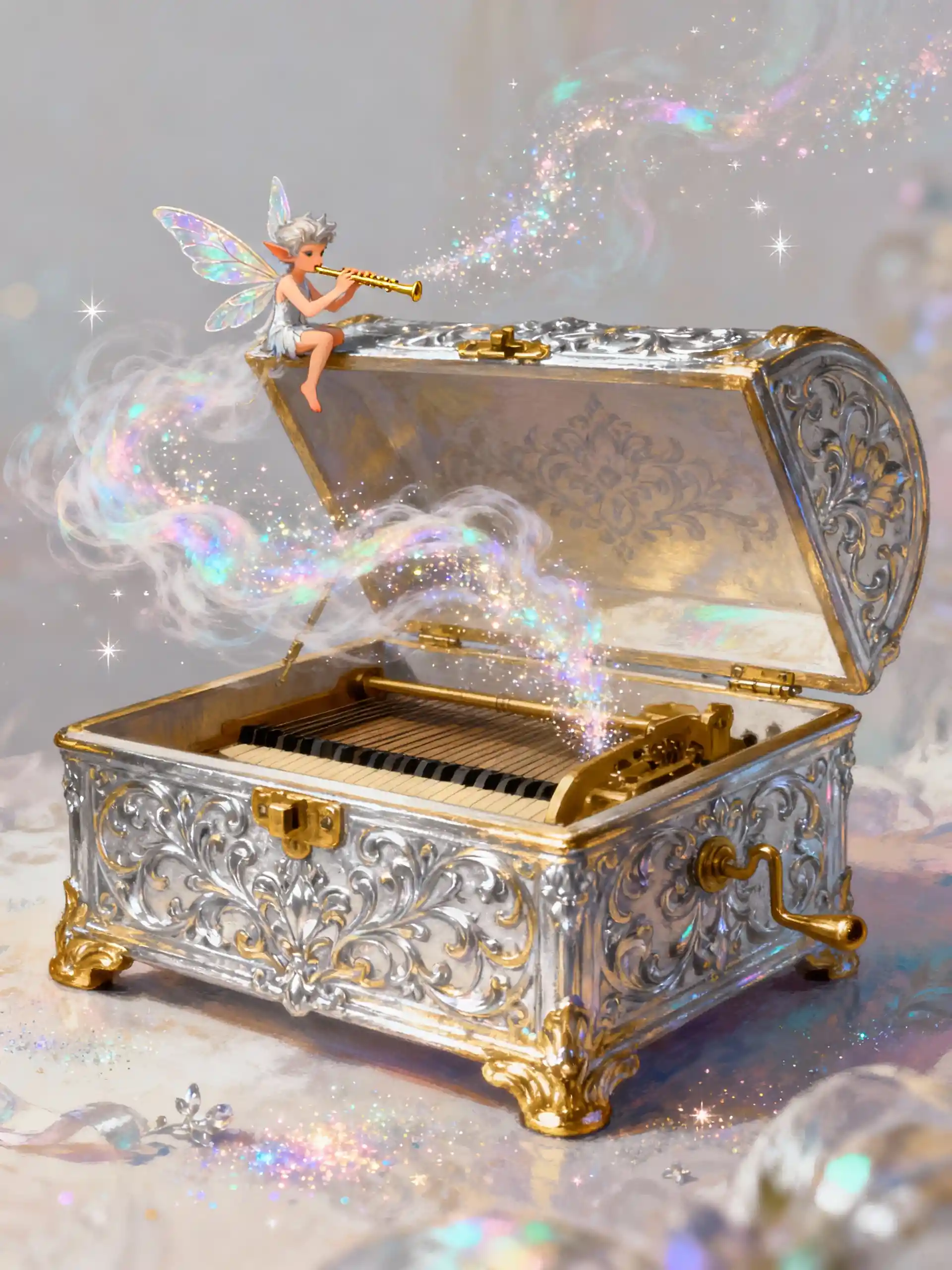 Ornate music box opening into swirling fairy dust scene