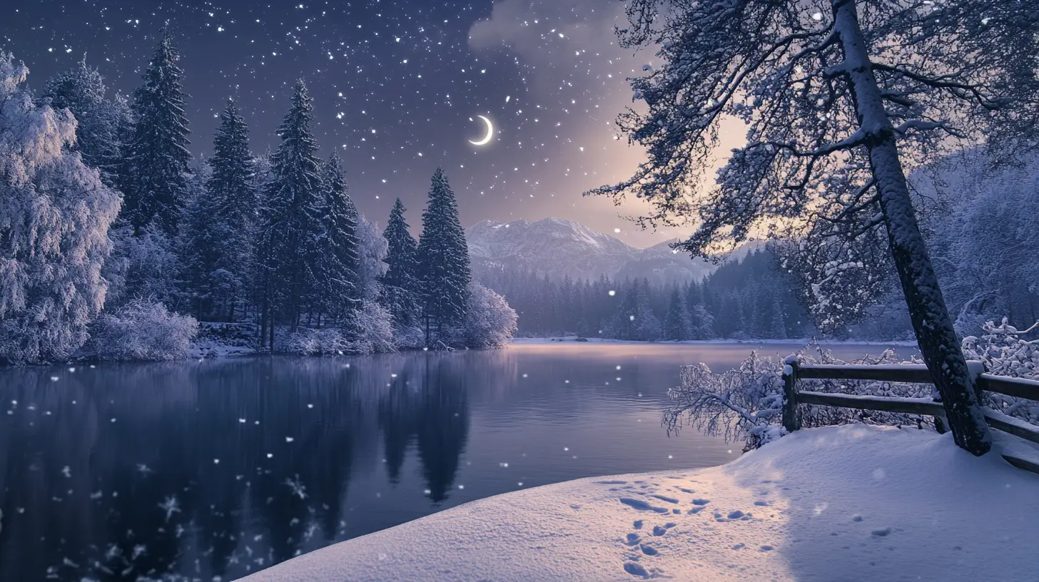 Paisagem de Lago de Inverno Estrelado sob a Lua Crescente