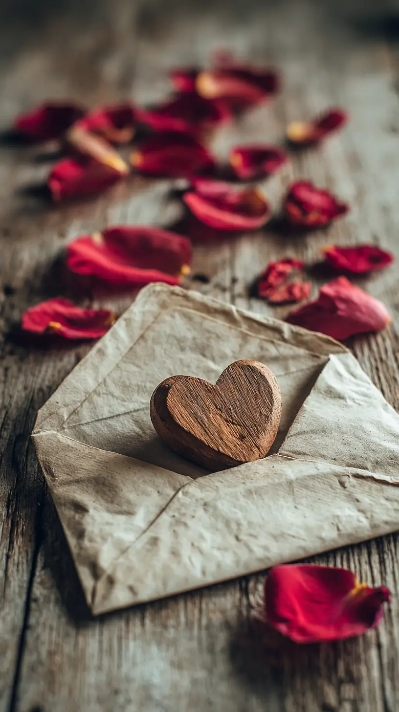 Vintage love letter with wooden heart and rose petals
