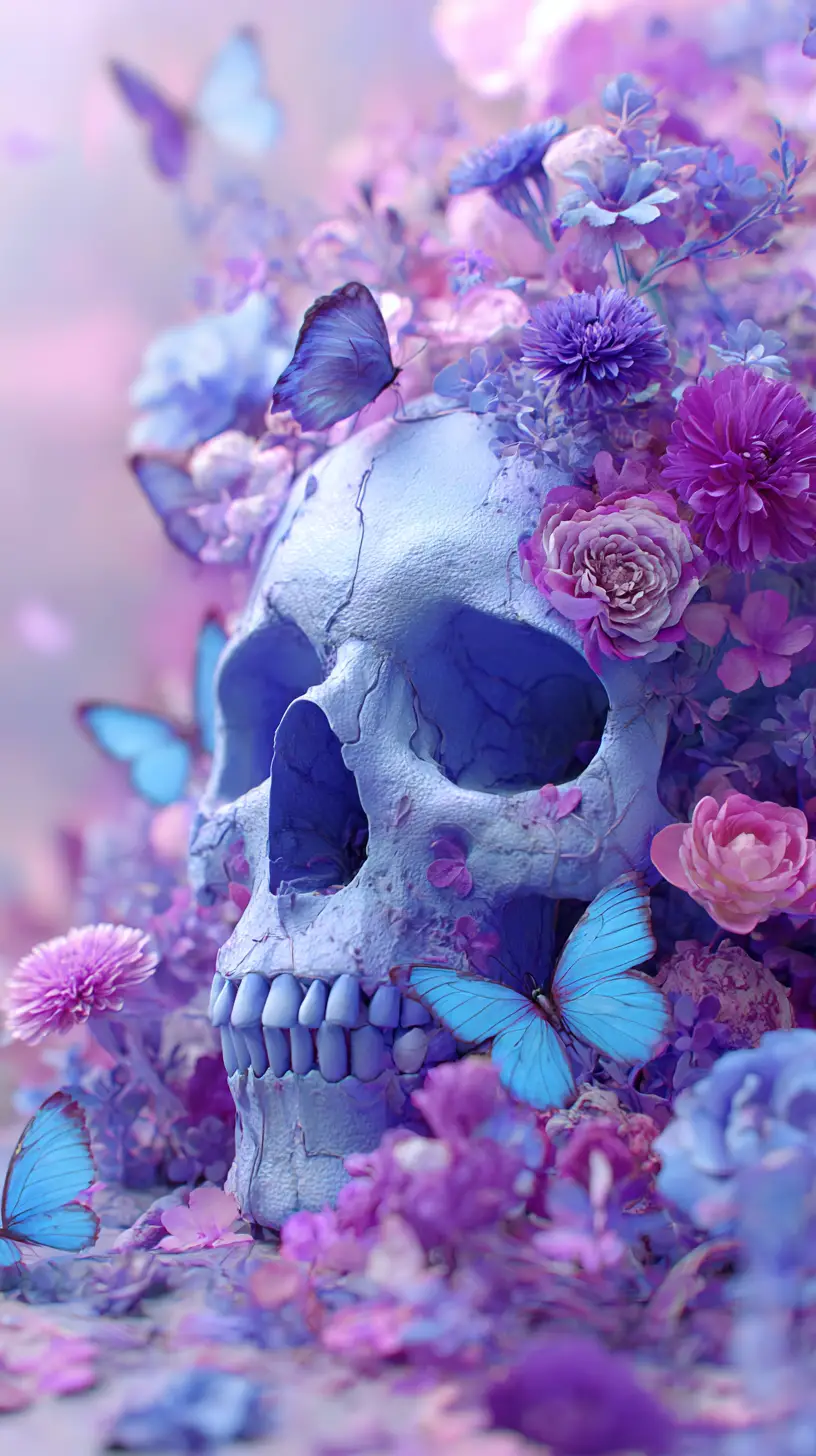 Watercolor skull with flowers and butterflies illustration