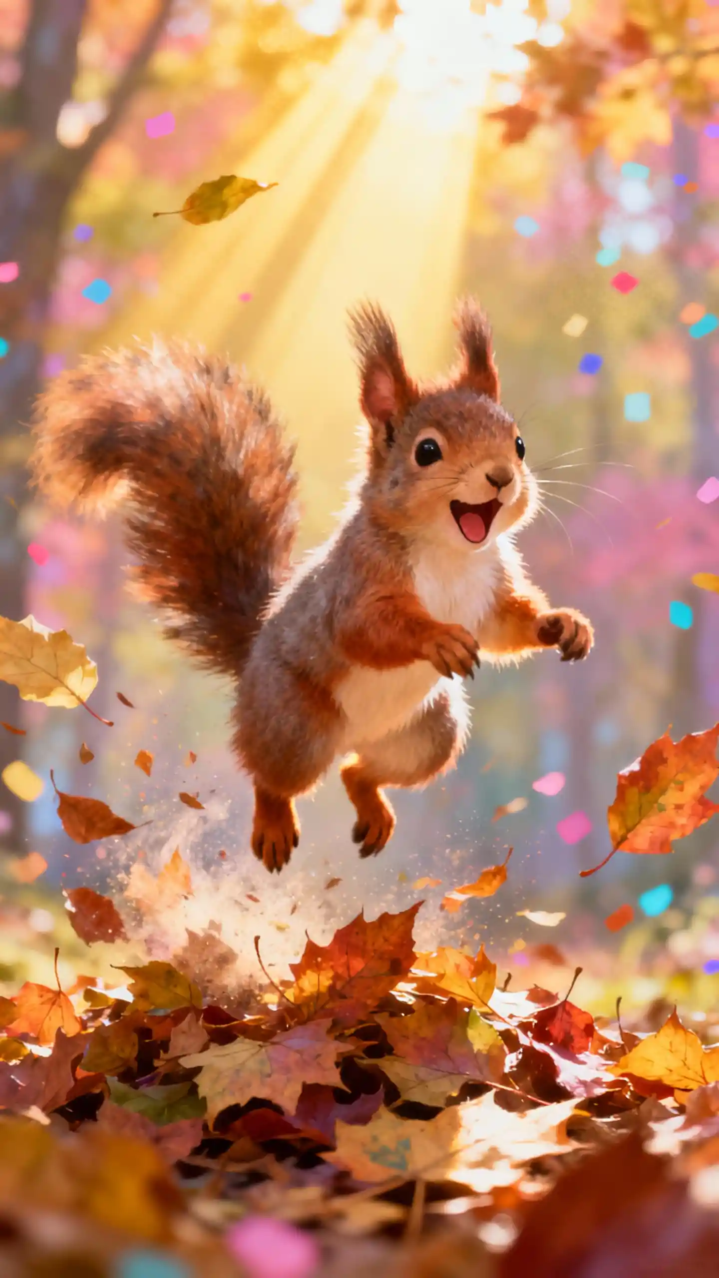 Cute squirrel jumping into a pile of autumn leaves