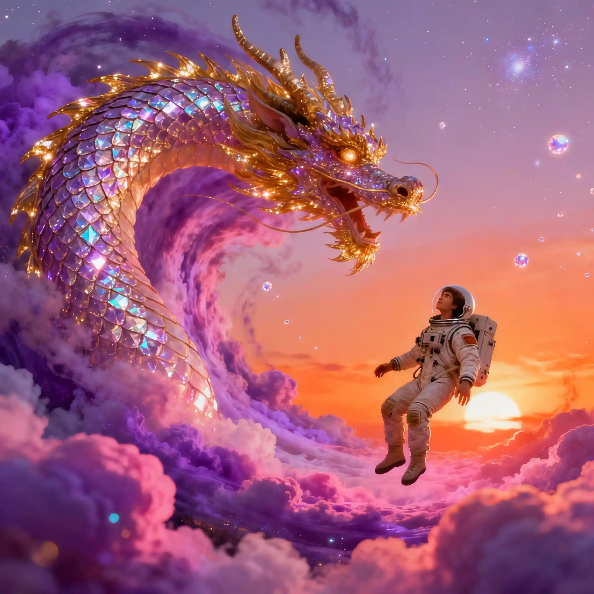 Surreal dragon soaring through glowing cosmic clouds