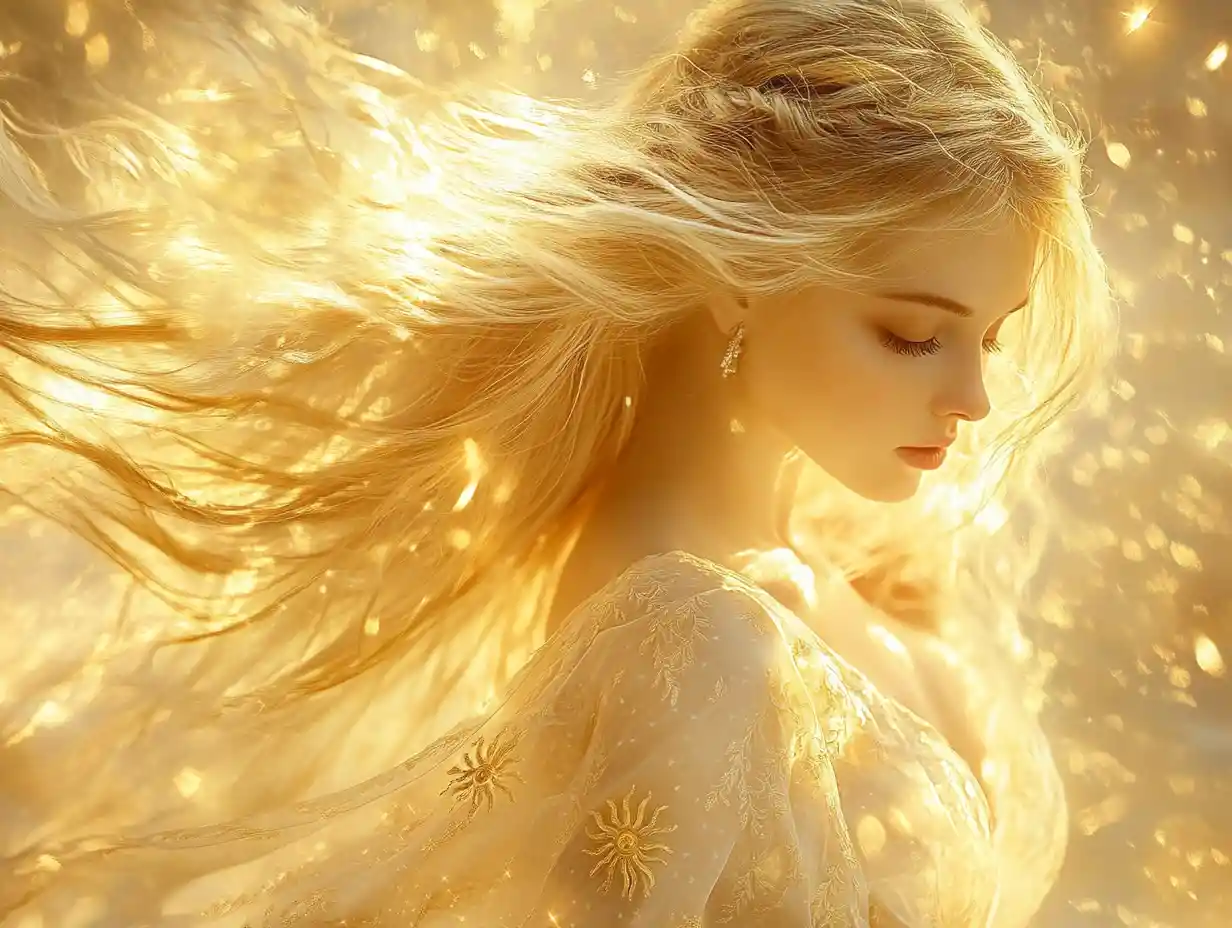 Serene solar goddess with glowing eyes and golden hair
