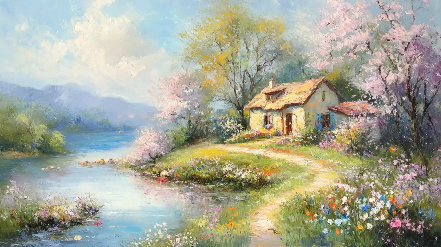 Kleines Flusshaus mit Wildblumen im impressionistischen Stil