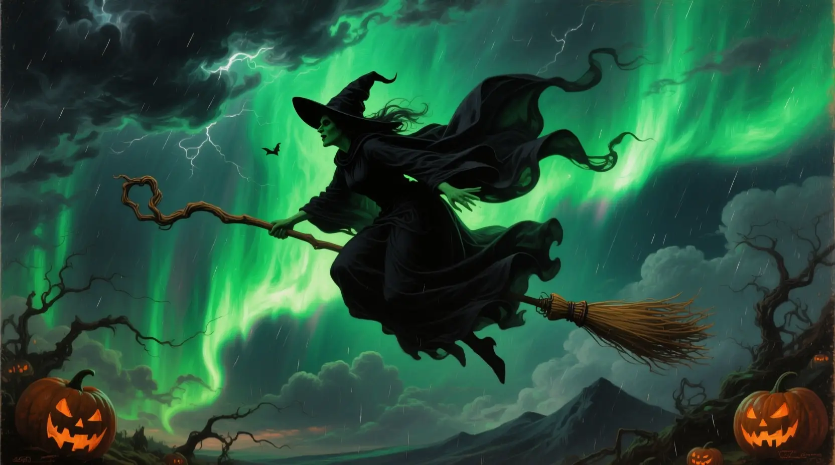 Baroque Witch Flying Across A Stormy Halloween Sky