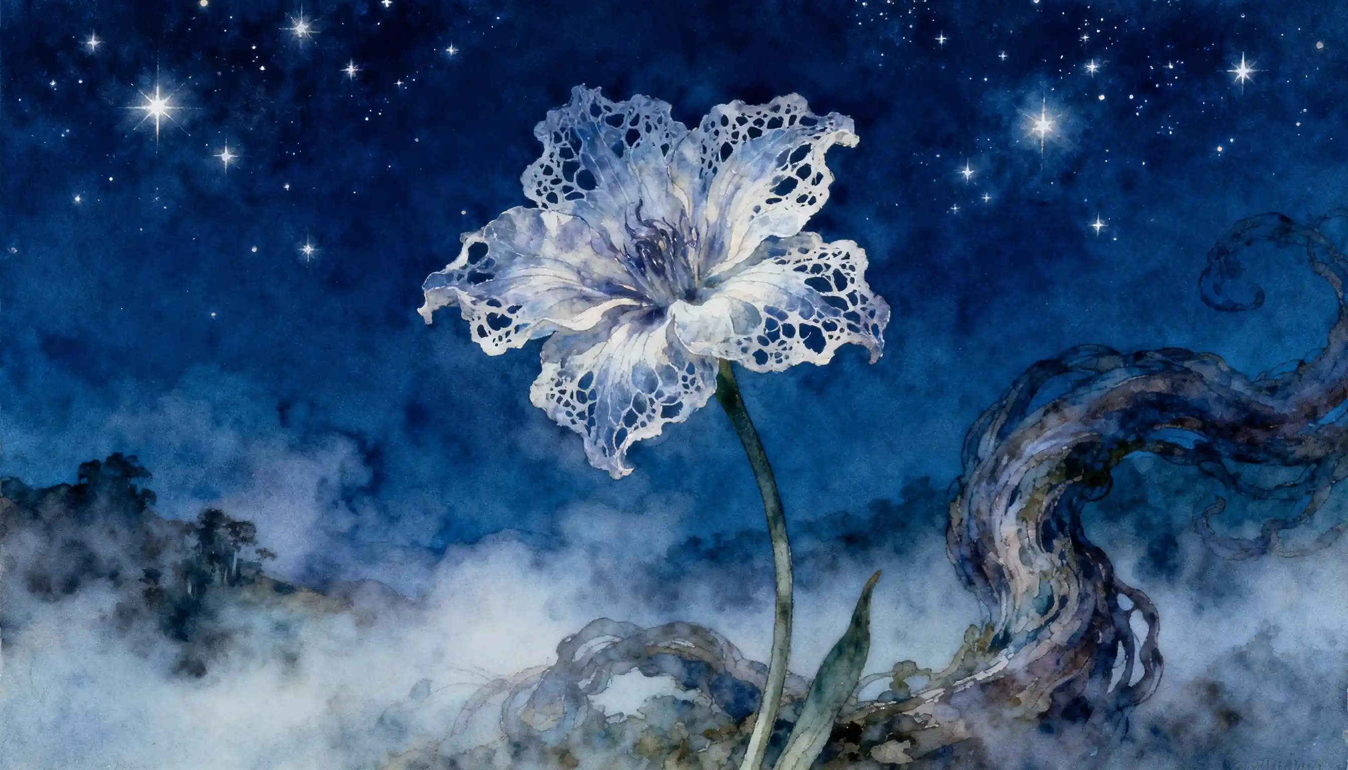 Ethereal lone flower beneath a starry midnight sky
