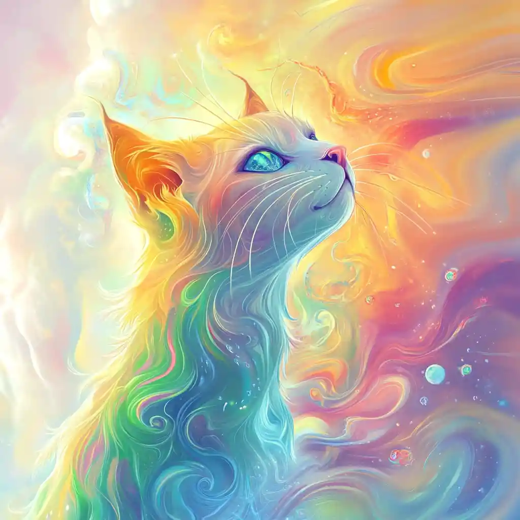 Close up of a cartoon cat on rainbow abstract background