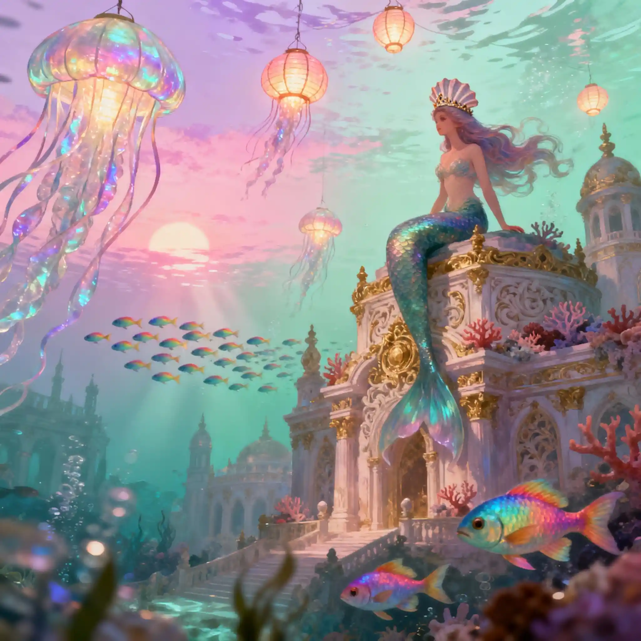Mermaid Overlooking A Dreamy Underwater Palace City