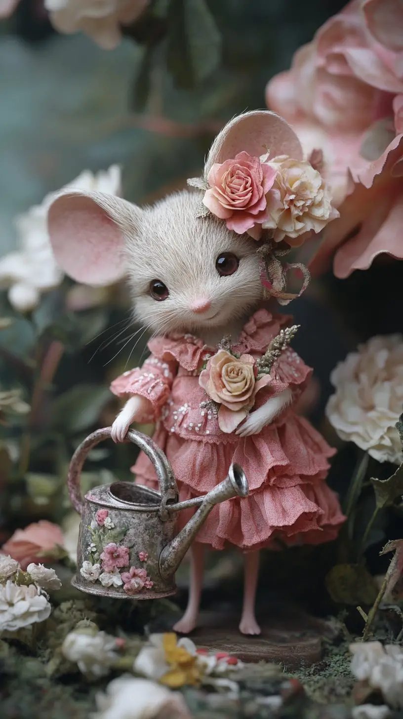 Tiny mouse watering giant flowers at night in fairy garden