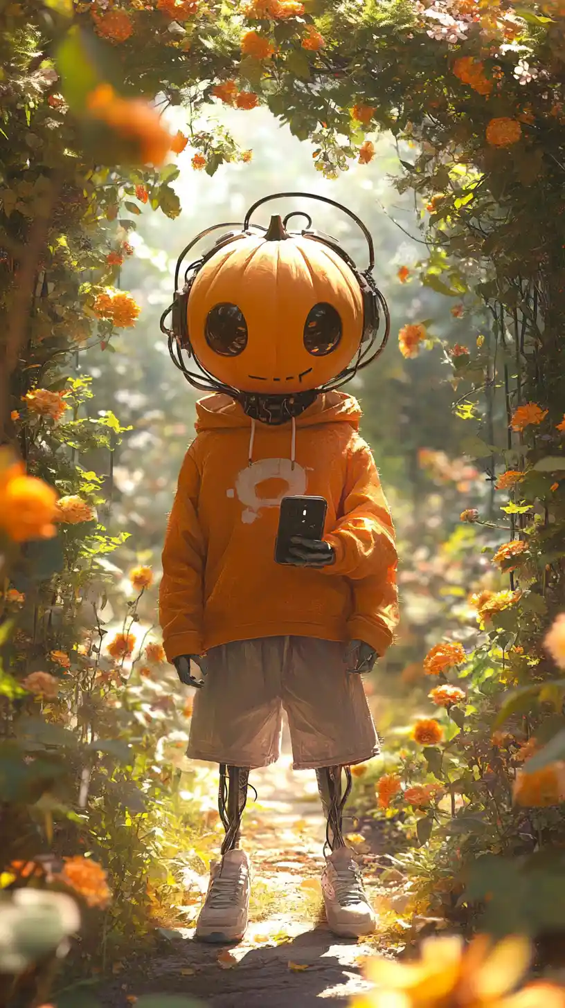Futuristic pumpkin headed alien in a sunlit garden