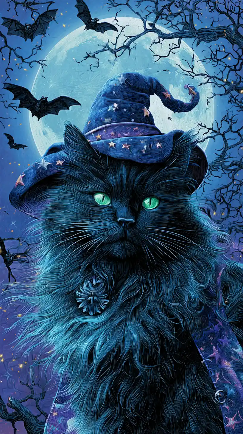 Majestic black wizard cat under a glowing full moon