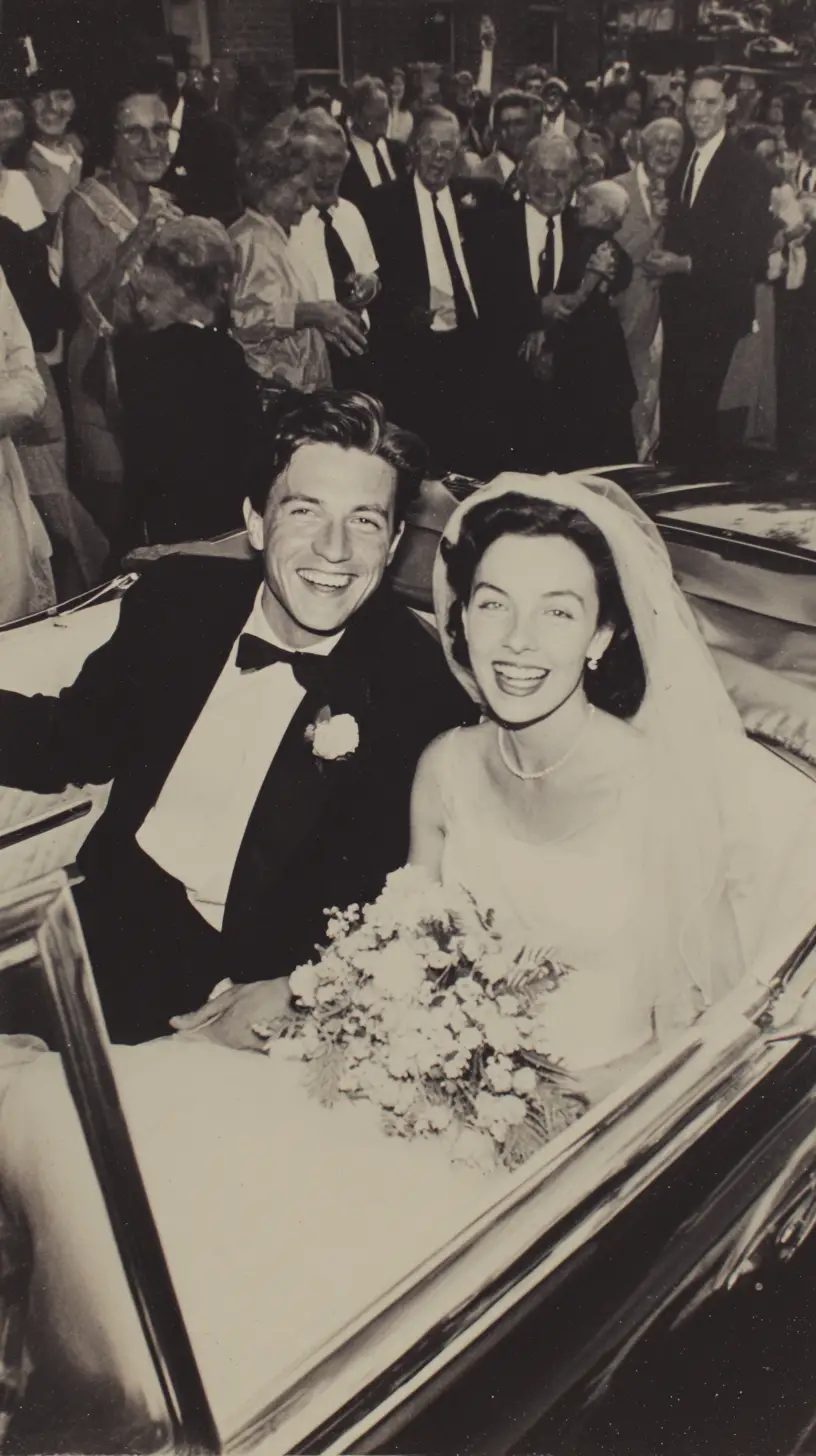 Laughing newlywed couple in a classic convertible car