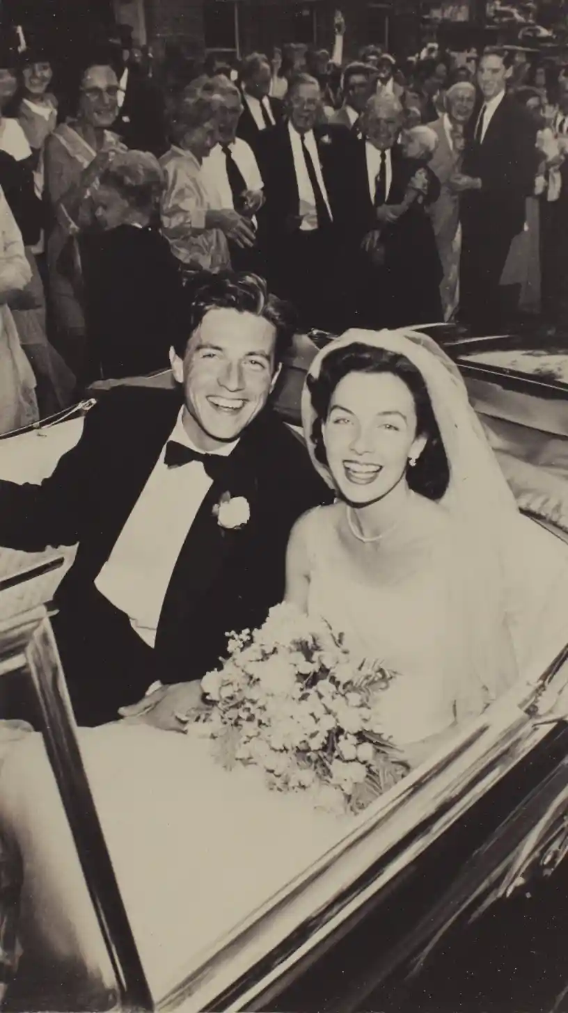 Laughing newlywed couple in a classic convertible car