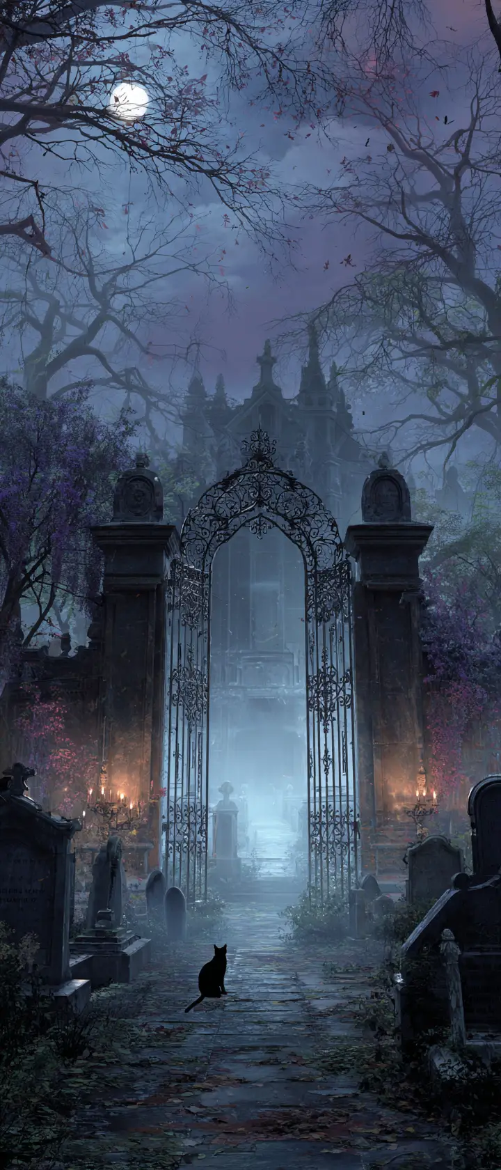 Gothic cemetery gate guarded by a lone black cat