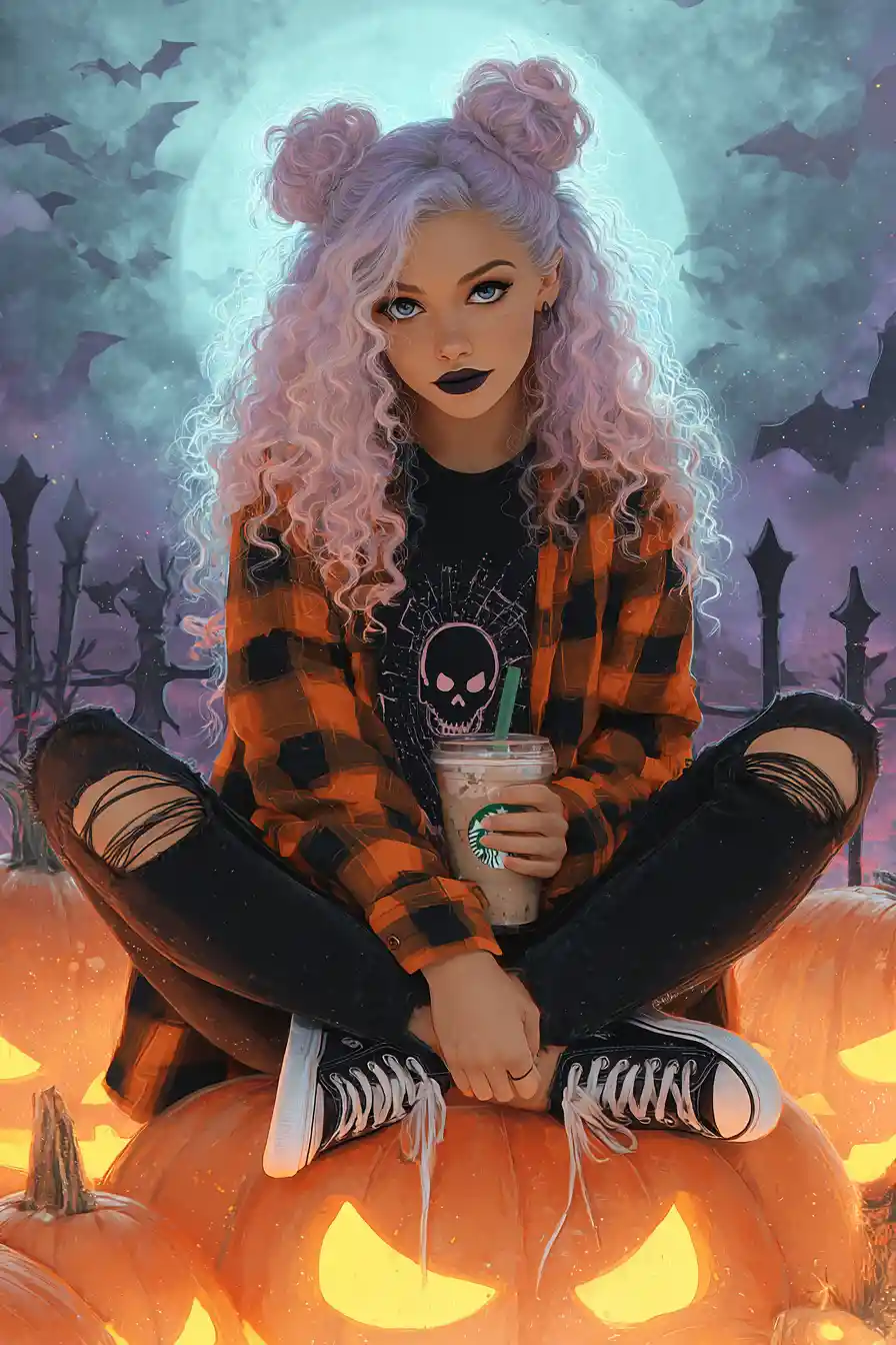 Gothic pastel haired girl on glowing pumpkin in misty field