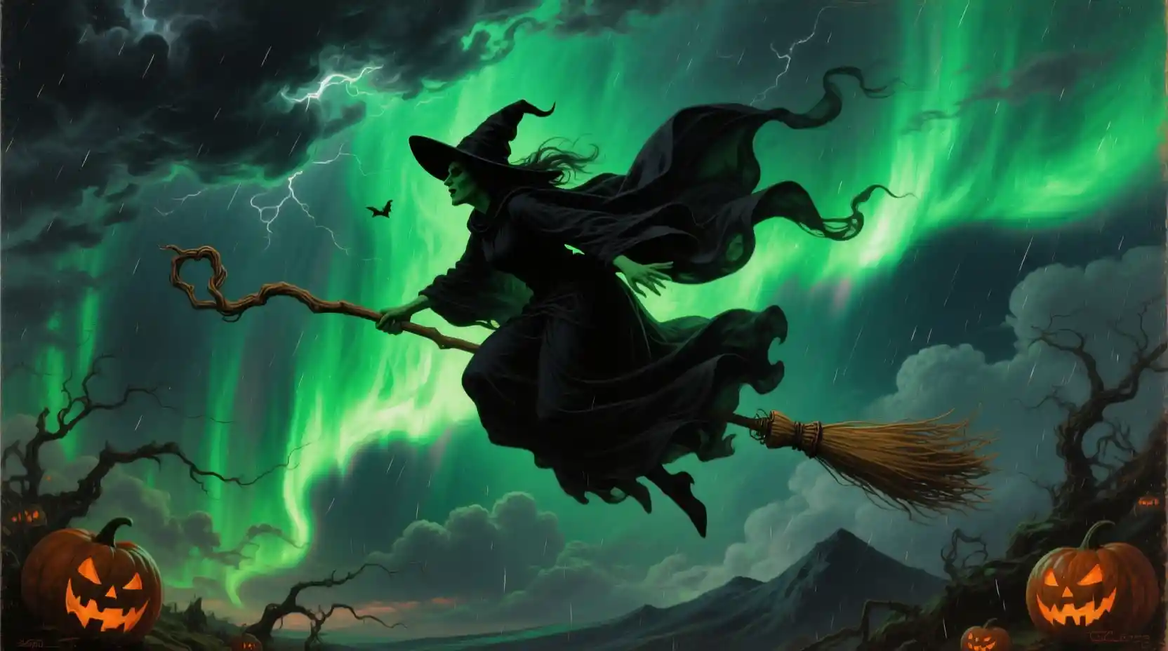 Baroque Witch Flying Across A Stormy Halloween Sky