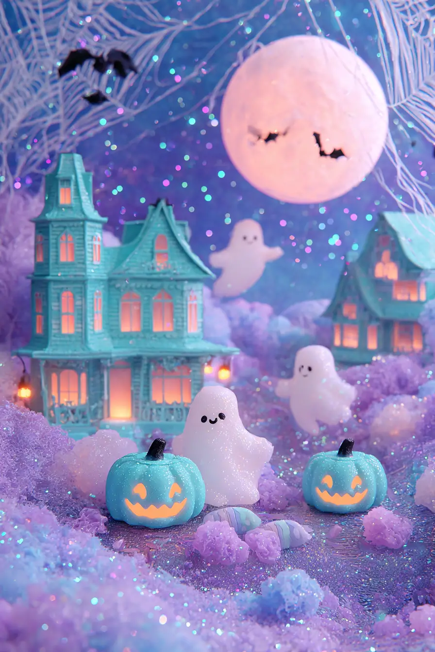 Whimsical Pastel Halloween Haunted House With Neon Glow