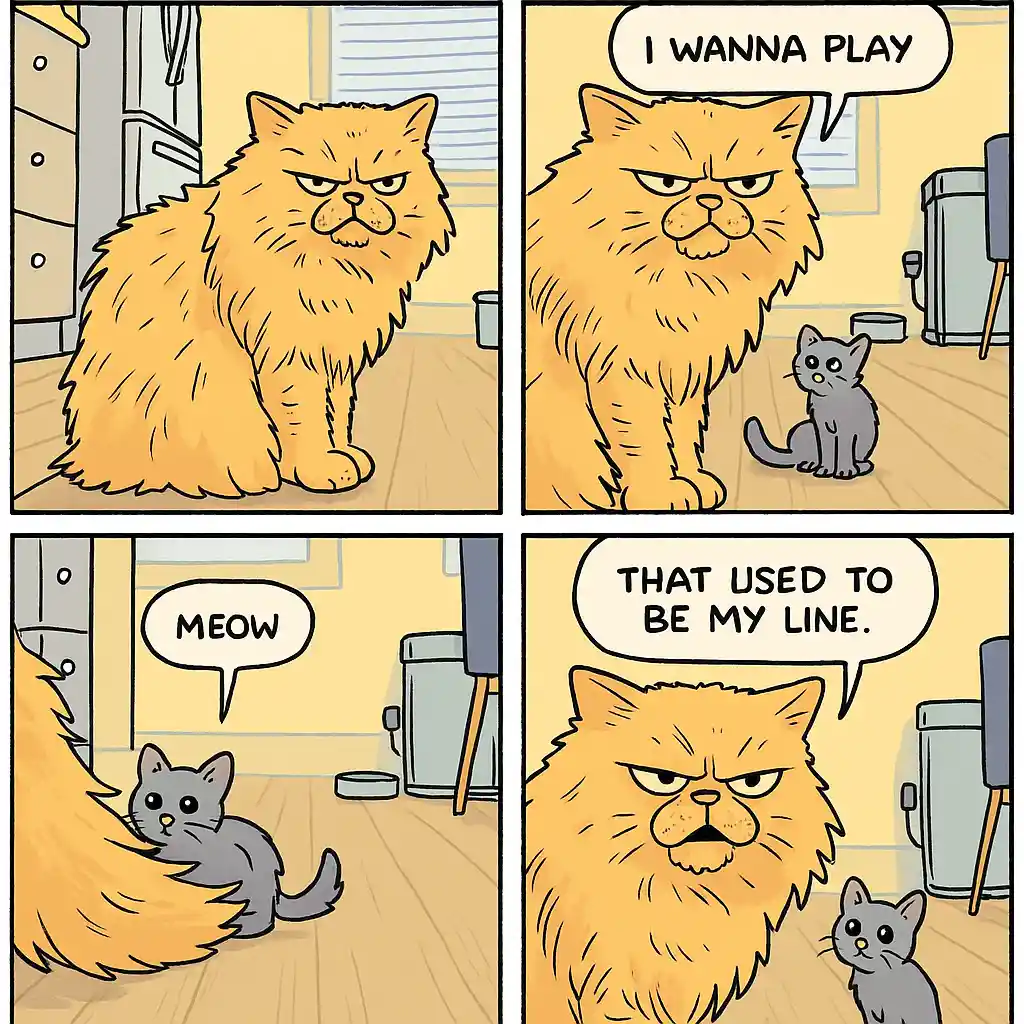 Playful kitten stars in a four panel american comic