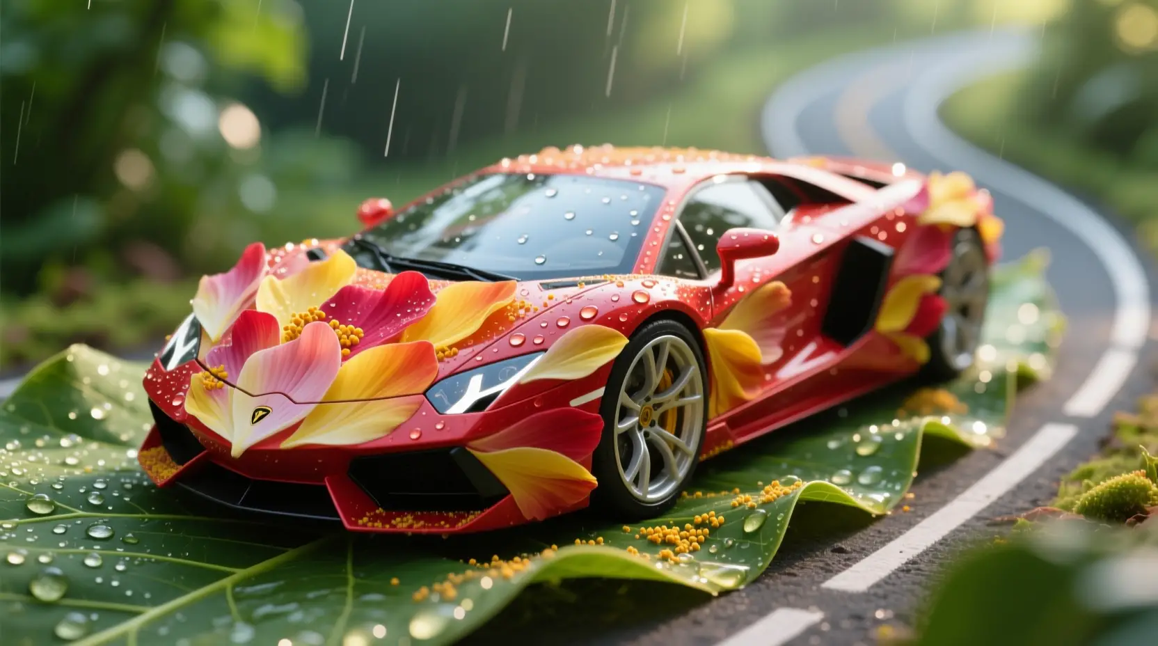 Macro sports car made of flower petals on leaf road