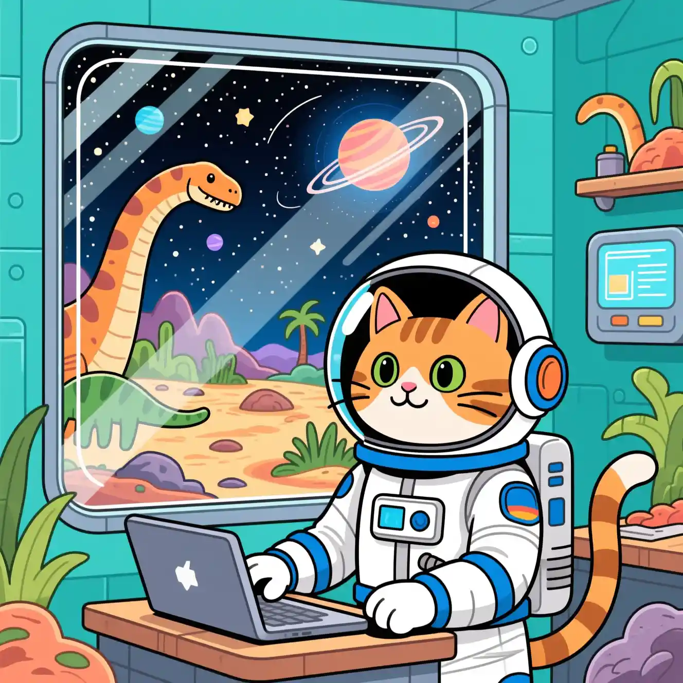 Cartoon cat engineer in spacesuit overlooking cosmic cretaceous world