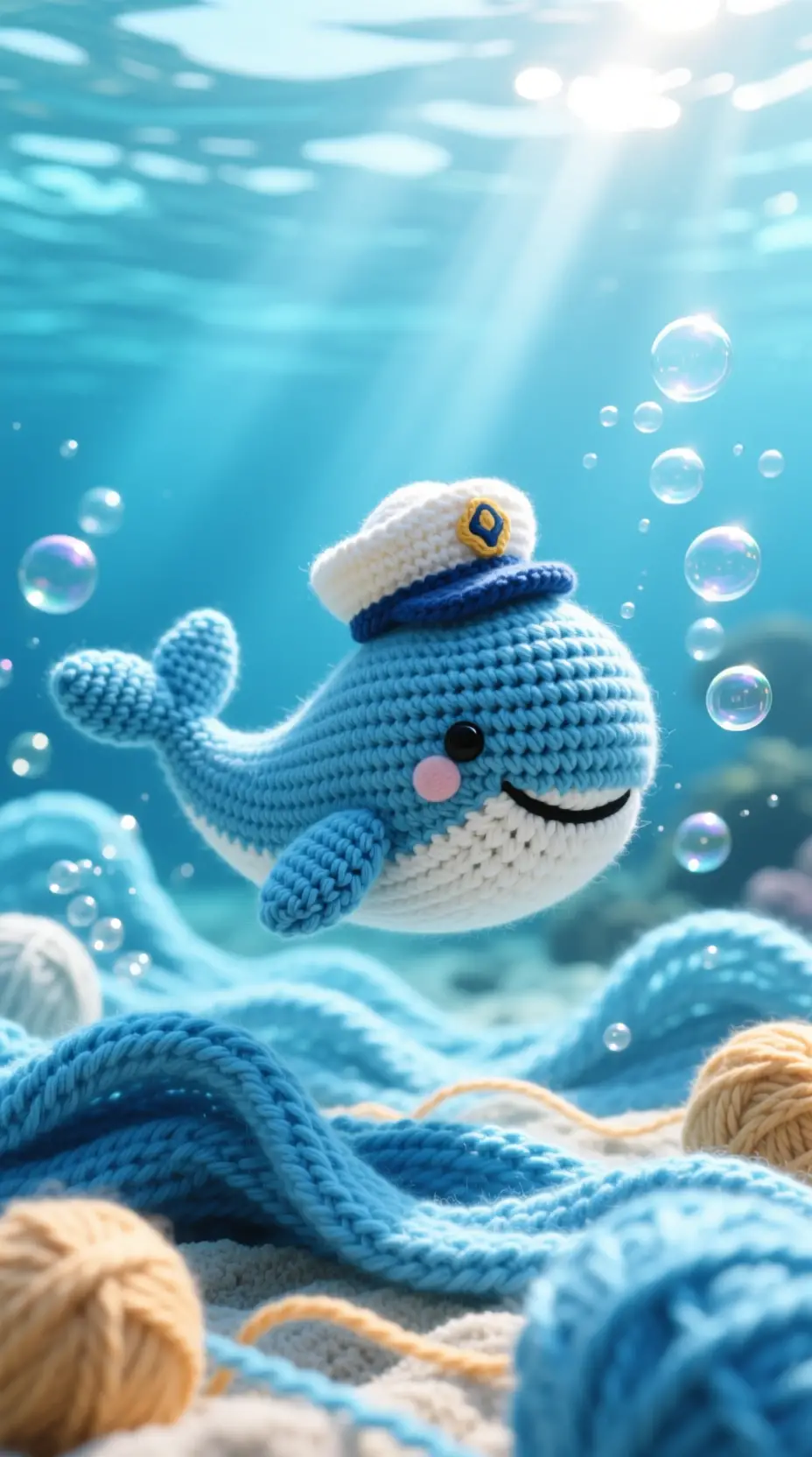 Crocheted Whale Toy Riding Yarn Waves In Sunlight