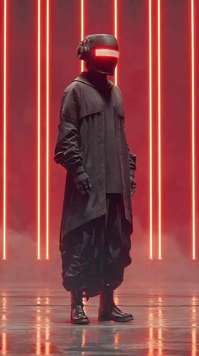 Futuristic Man In Black Armor With Glowing Helmet Display