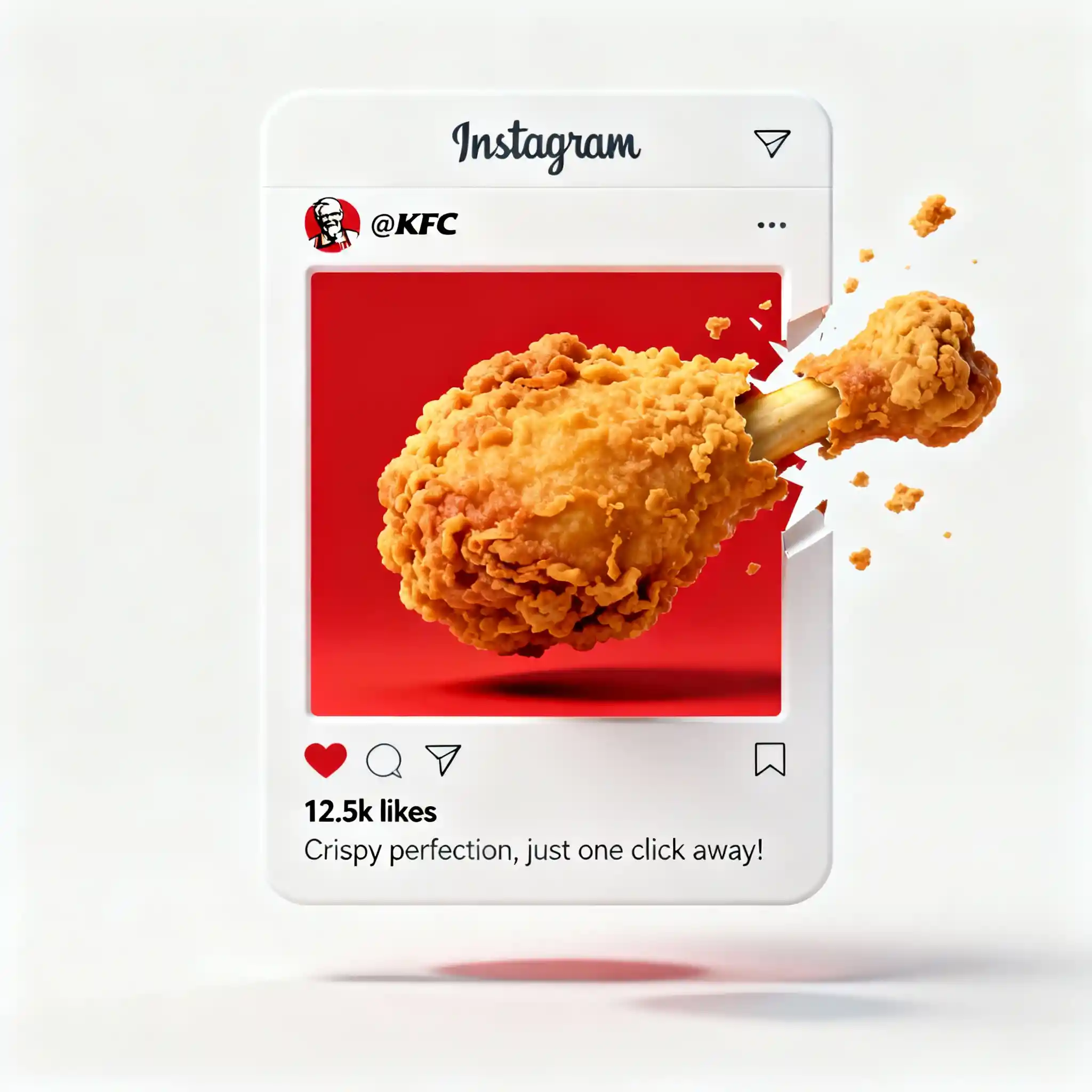 Frittiertes Hähnchen, das aus einem Social-Media-Rahmen herausspringt
