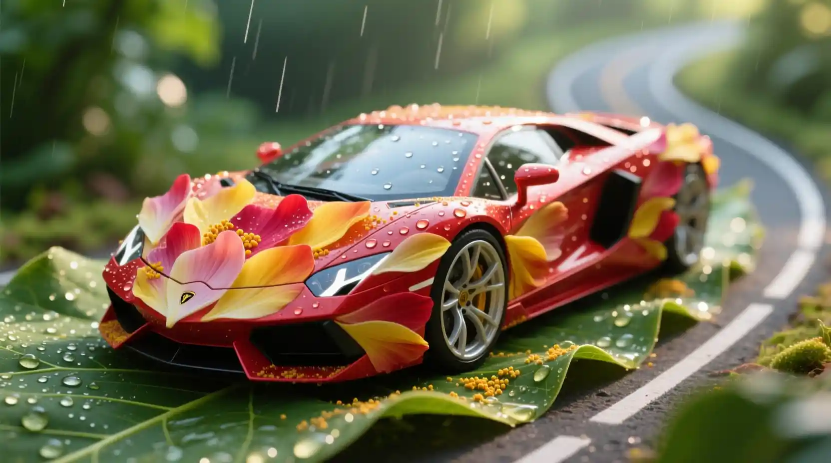 Coche deportivo macro hecho de pétalos sobre una carretera de hojas