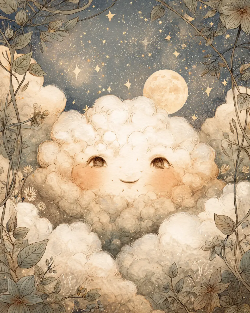 Surreal cloud face in a magical moonlit dreamscape