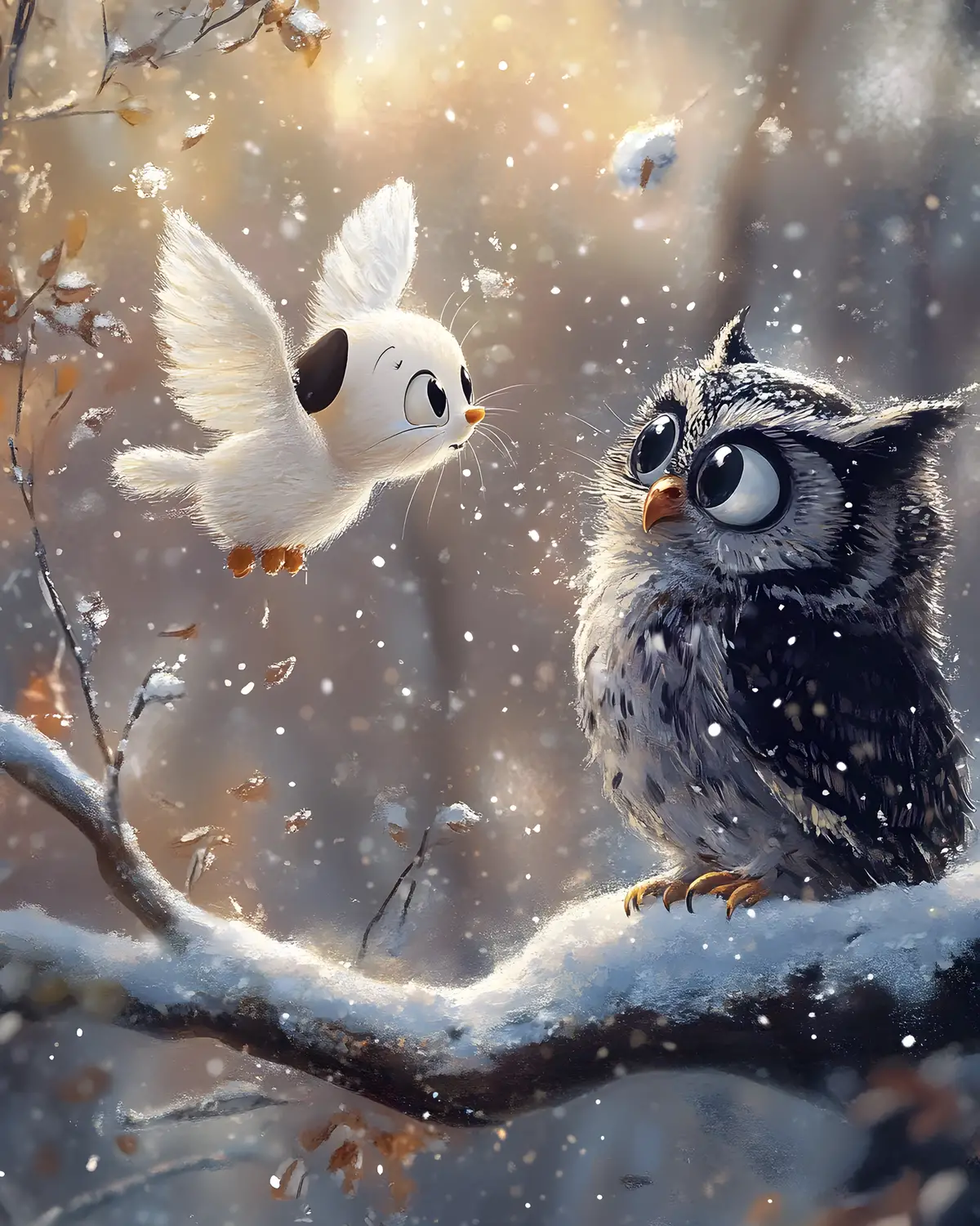Cartoon cat flying through Christmas snowfall in fantasy sky